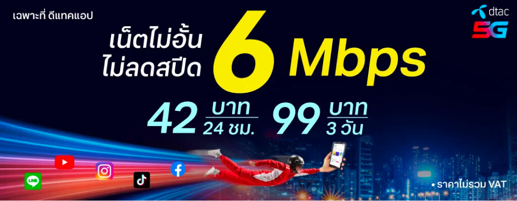 โปรเน็ตเติมเงิน สุดคุ้ม ดีแทค แอป เน็ตไม่อั้น ไม่ลดสปีด 6 Mbps