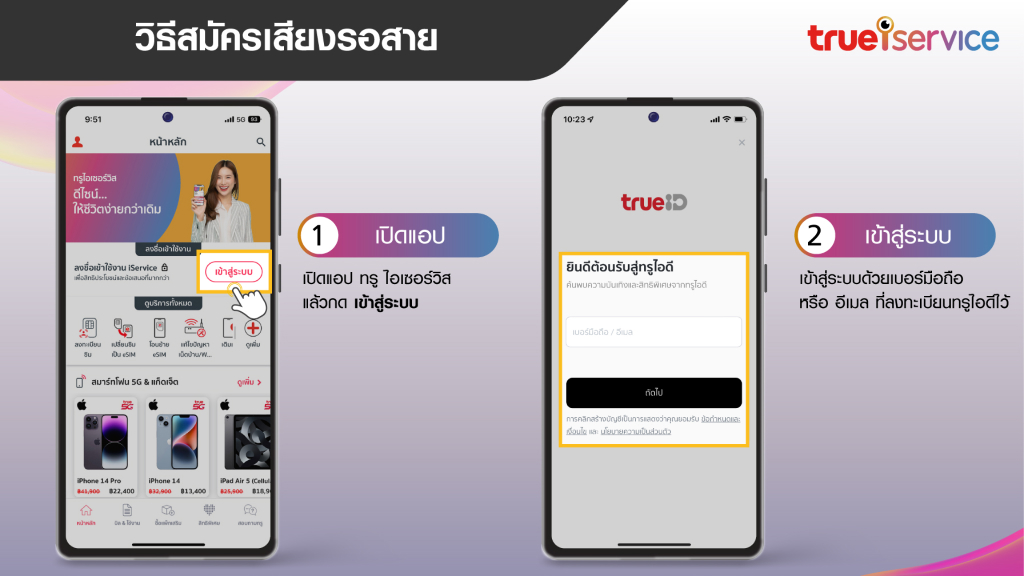 วิธีสมัครเสียงรอสาย ผ่านแอป ทรู ไอเซอร์วิส 1.เปิดแอป 2.เข้าสู่ระบบ