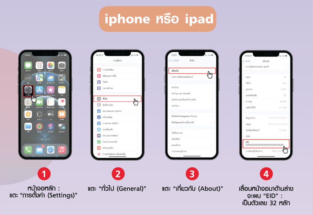 วิธีค้นหา หมายเลข EID สำหรับ iphone หรือ ipad 1.กดการตั้งค่า 2.กดเลือก ทั่วไป 3.กดเลือก เกี่ยวกับ 4.เลื่อนหน้าจอมาด้านล่างจะพบ EID 32 หลัก