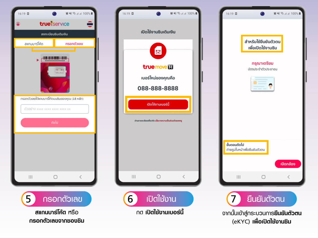 ขั้นตอนการลงทะเบียนซิม 5.กรอกตัวเลข 6.เปิดใช้งาน 7.ยืนยันตัวตน