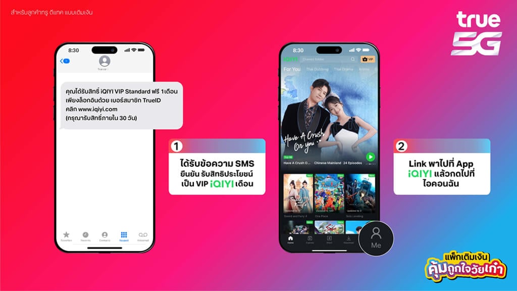 วิธีการรับสิทธิพิเศษ IQIYI VIP 1.ได้รับข้อความยืนยันสิทธิ์ 2.กด Link ไปที่ App แล้วกดที่ไอคอน ฉัน