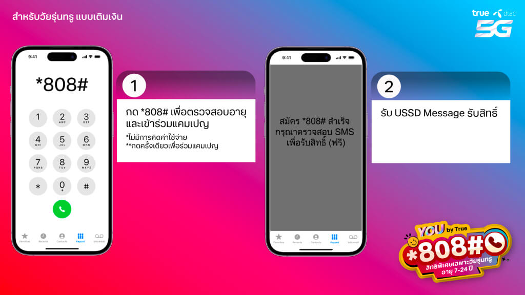 วิธีรับสิทธิพิเศษจากแคมเปญ You by True 1.กด *808# เพื่อตรวจสอบอายุและร่วมแคมเปญ 2.รับ USD Message รับสิทธิ์